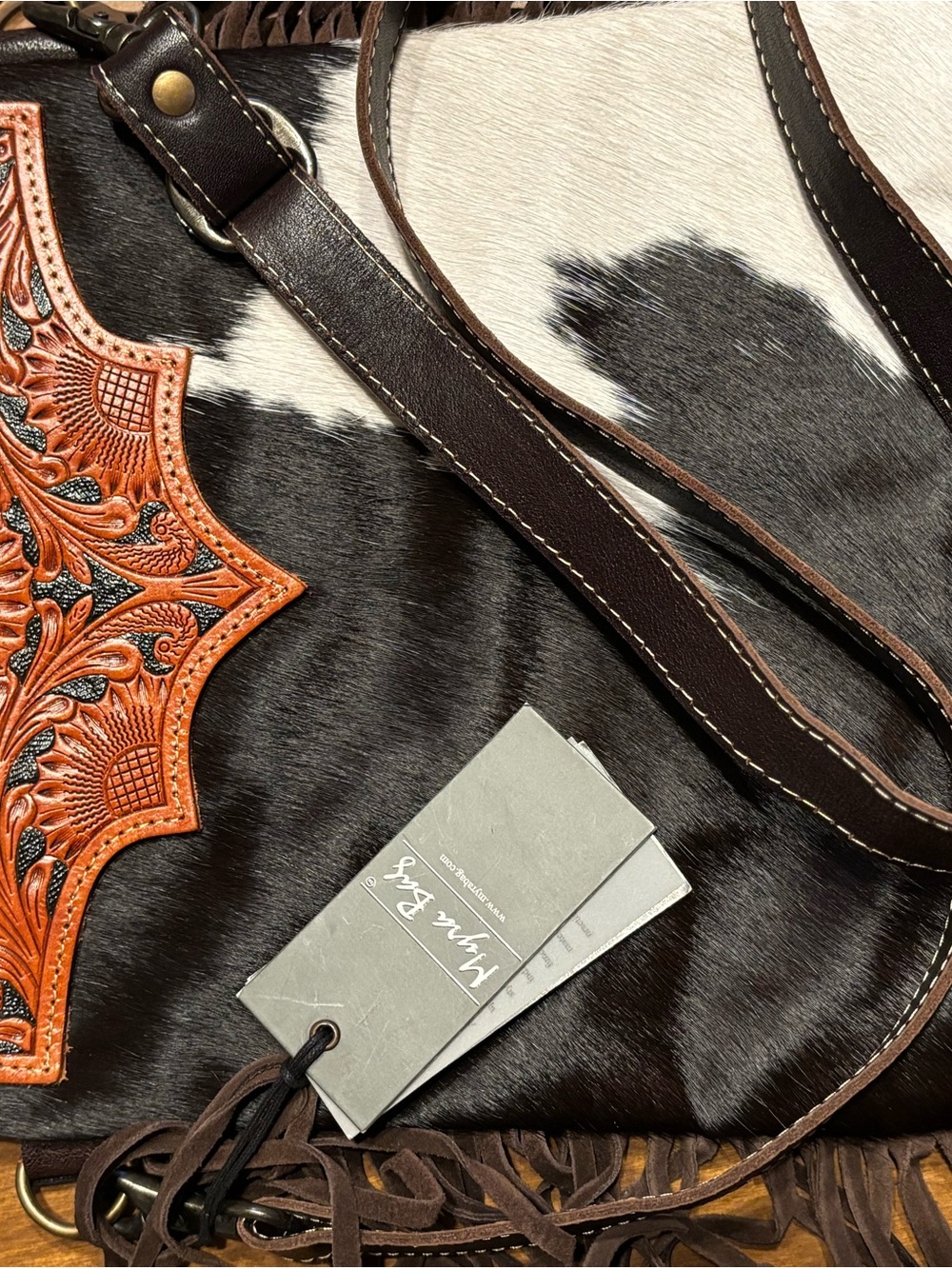 Myra Bag Black White & Brown Cowhide Crossbody with Tooled Leather Accent - Picture 6 of 6